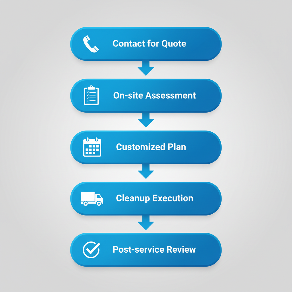 Vertical process flow diagram showing five steps for arranging professional hoarding cleanup service