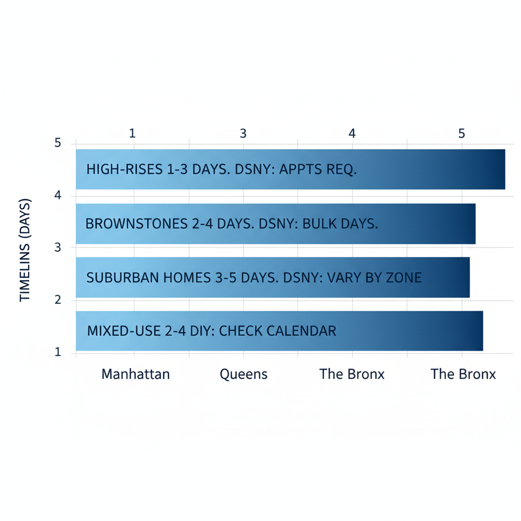 Horizontal bar chart showing estate cleanout timelines and challenges in Manhattan, Brooklyn, Queens, and The Bronx, with blue gradient bars and grid lines.