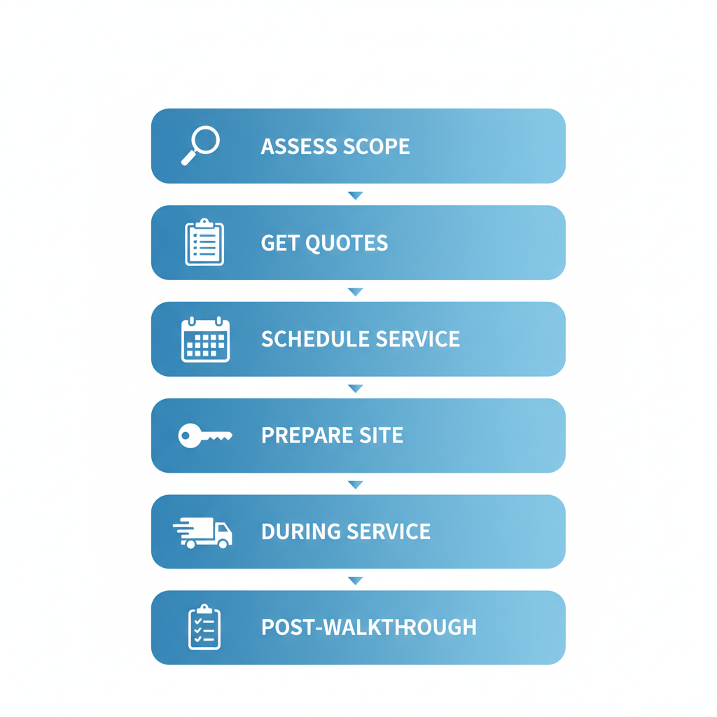 Vertical process flow diagram illustrating six steps for starting an estate cleanout in NYC with icons and arrows