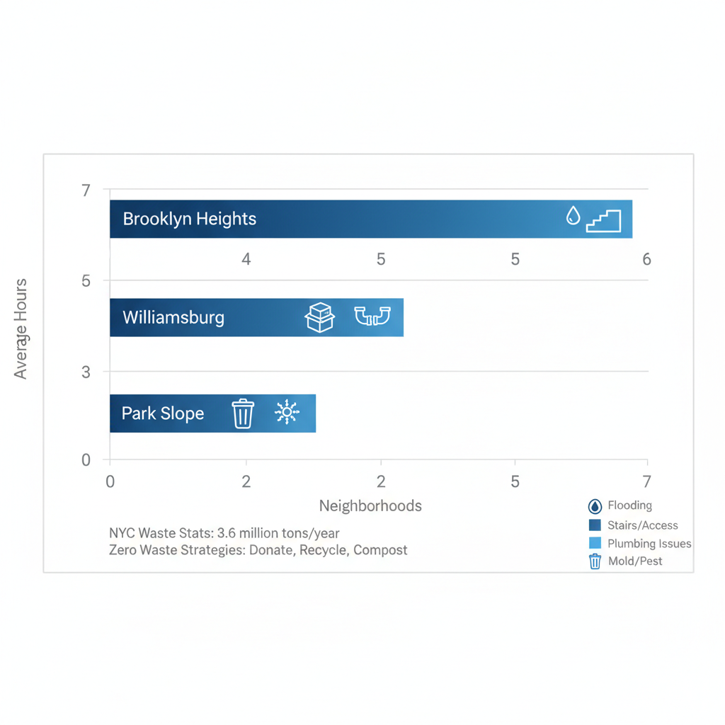 Horizontal bar chart depicting estimated basement cleanout times in Brooklyn neighborhoods with icons for flooding and stairs challenges