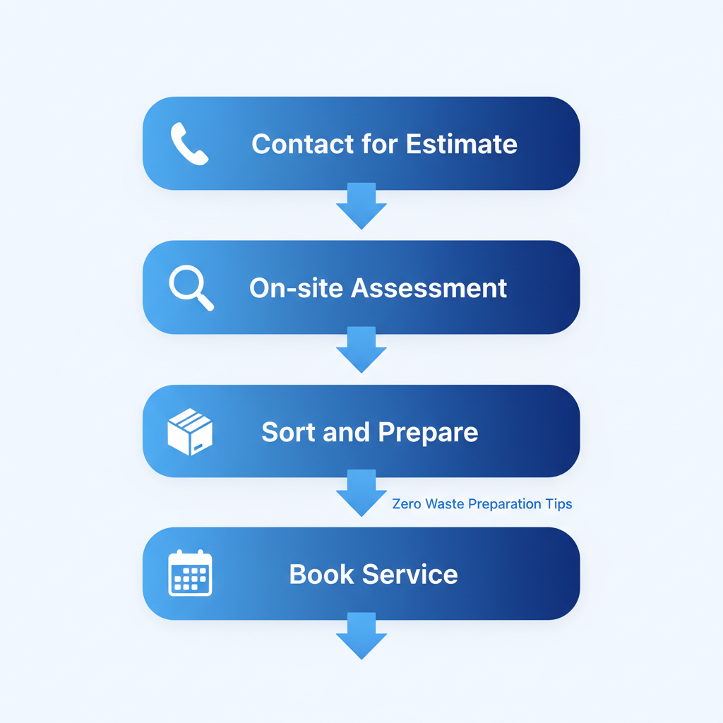 Vertical process flow diagram illustrating four steps to schedule a basement cleanout in Brooklyn: contact for estimate, on-site assessment, sorting items, and booking service.