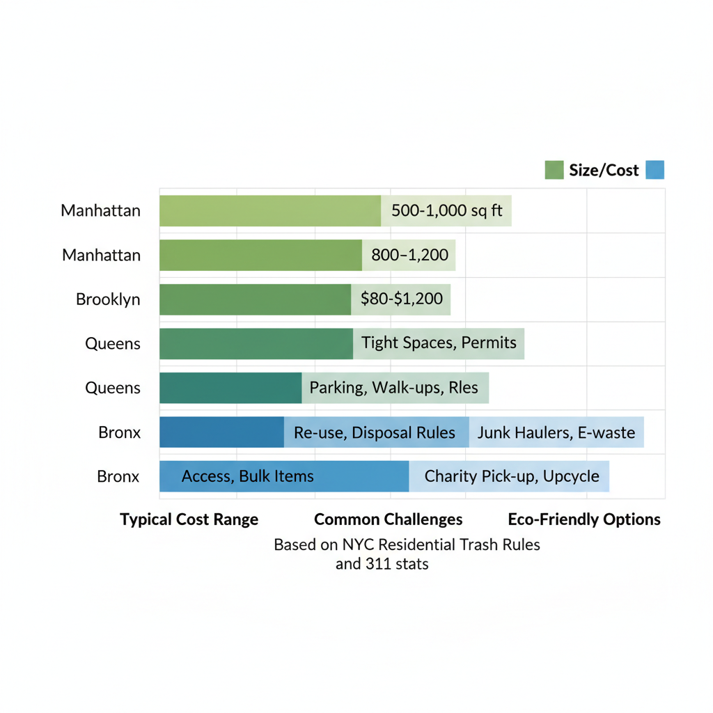 Horizontal bar chart comparing basement junk removal aspects including sizes, costs, challenges, and eco options across NYC boroughs based on waste management guidelines.