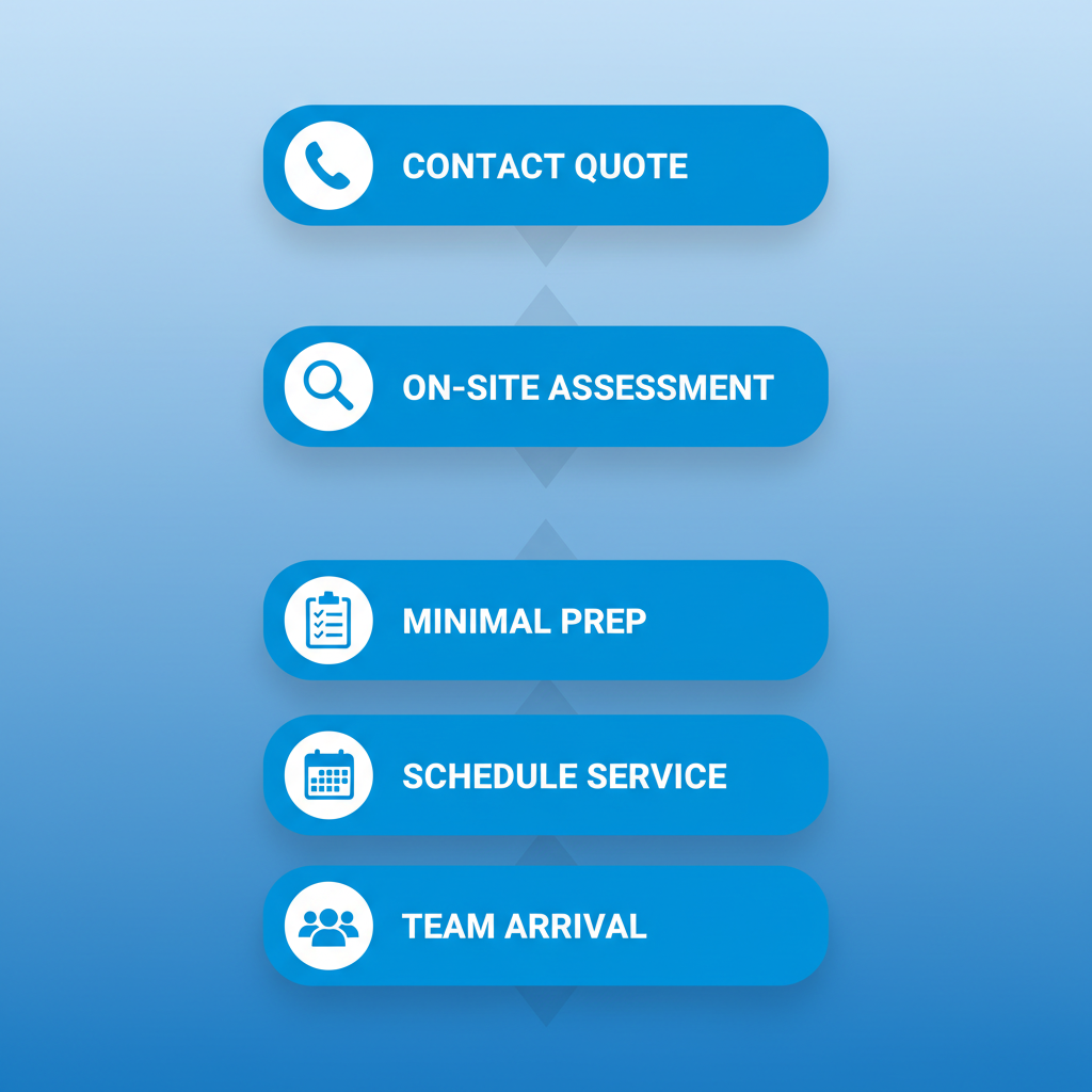 Vertical process flow diagram showing five steps to start a basement cleanout in NYC: contact for quote, on-site assessment, minimal prep, schedule service, team arrival.