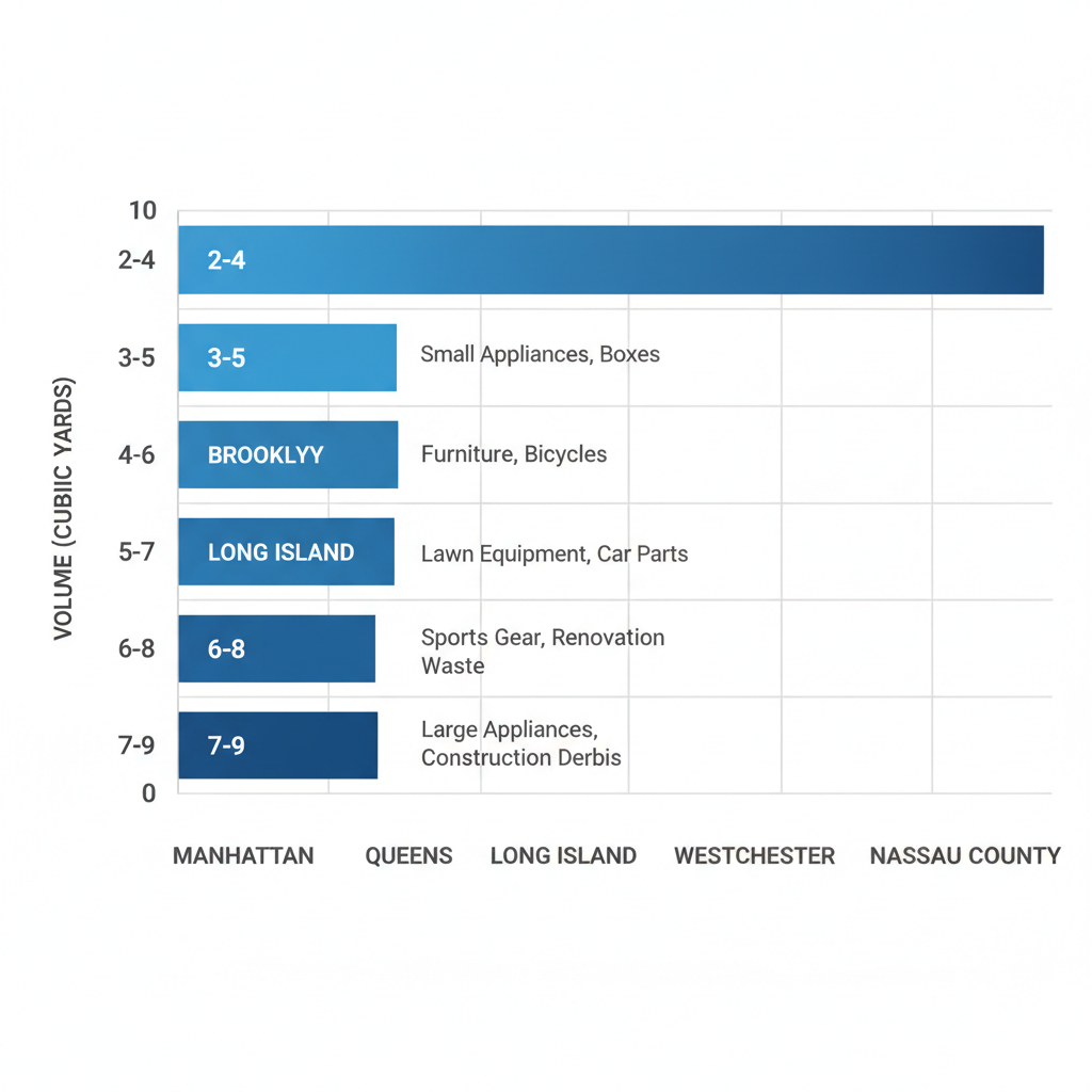 Horizontal bar chart comparing garage junk volumes in cubic yards across Manhattan, Brooklyn, Queens, Long Island, Westchester, and Nassau County areas, with item and challenge labels.