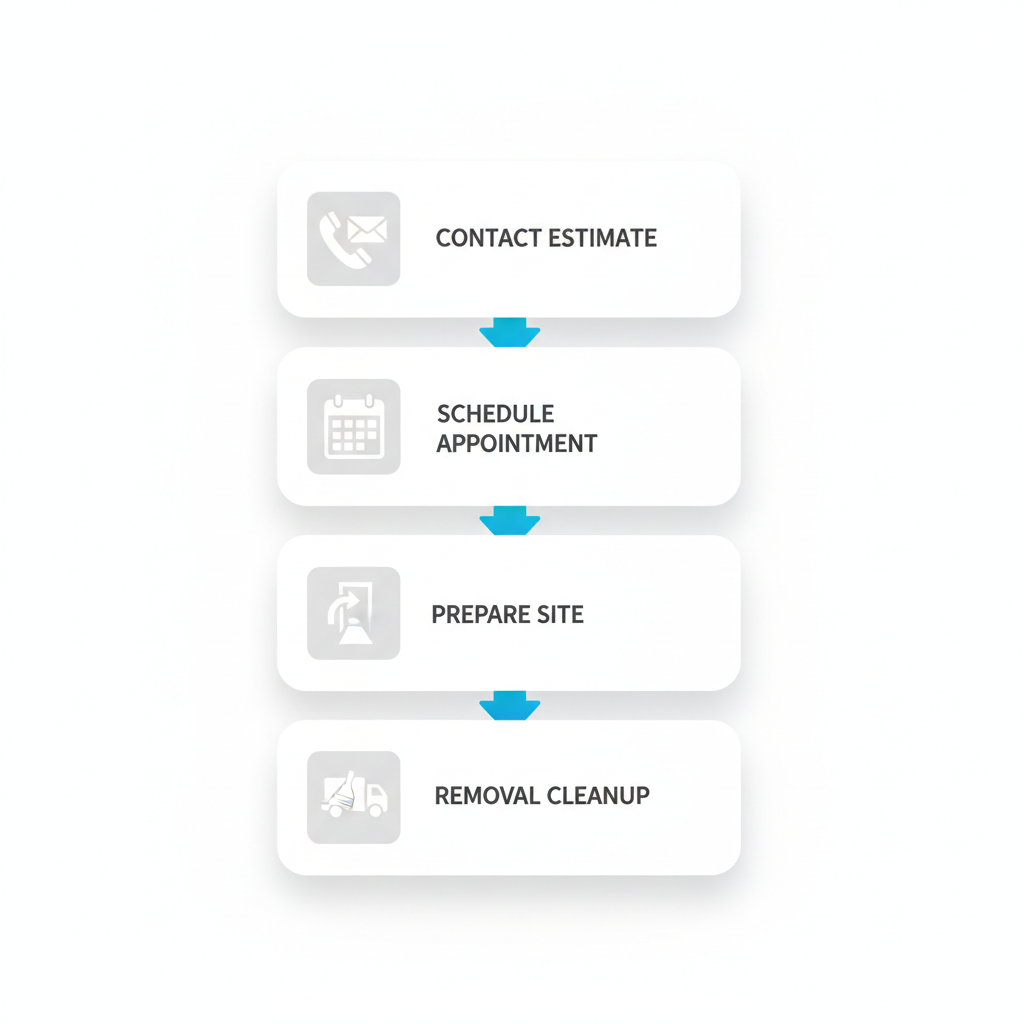 Vertical process flow diagram illustrating four steps for arranging office junk removal in NYC, including contact, scheduling, preparation, and cleanup.
