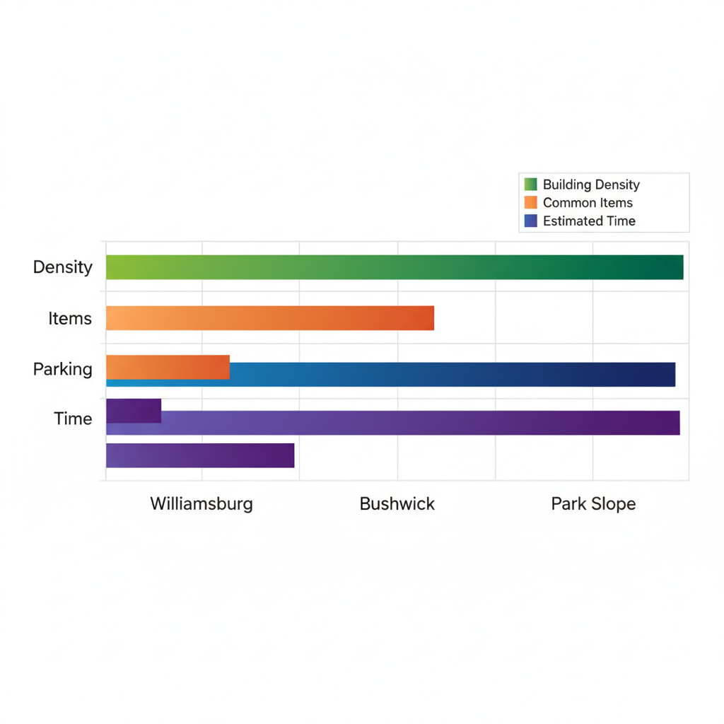 Horizontal bar chart comparing apartment cleanout challenges across Brooklyn neighborhoods including density, items, access, and time factors.