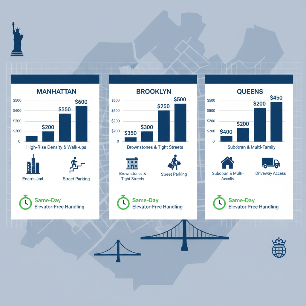 Infographic comparing junk removal services, costs, and challenges across NYC boroughs Manhattan, Brooklyn, and Queens on a stylized map background