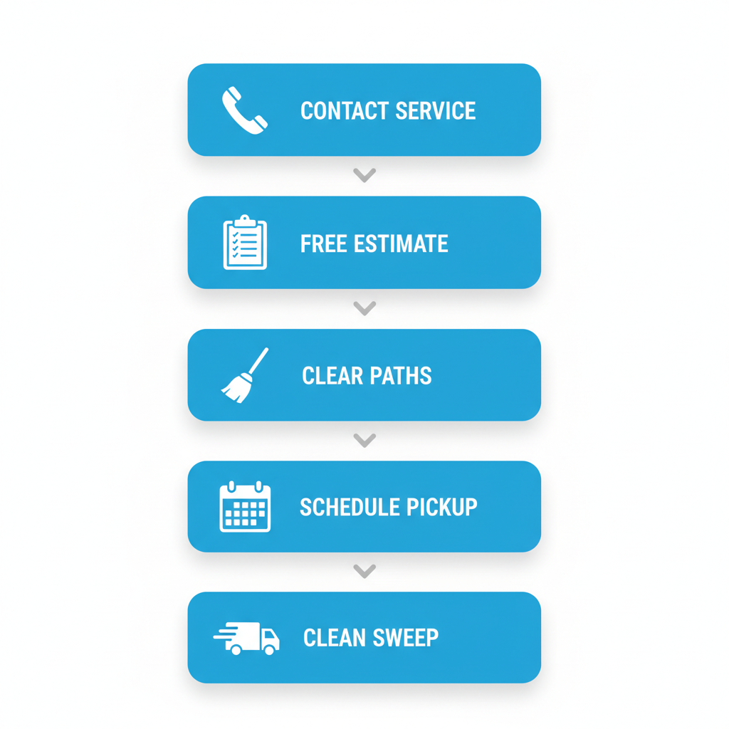 Vertical process flow diagram illustrating steps for apartment junk removal in New York City: contact service, receive estimate, prepare space, schedule pickup, enjoy clean sweep.