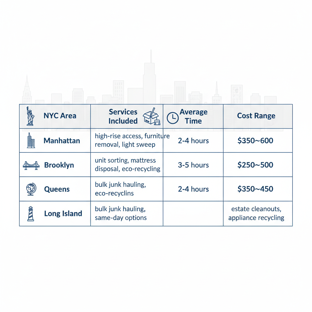 Infographic table comparing storage cleanout services, times, and costs in Manhattan, Brooklyn, Queens, and Long Island
