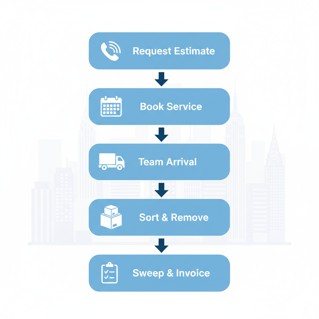 Vertical process flow illustrating five steps for NYC storage cleanout: request estimate with phone icon, book service with calendar, team arrival with truck, on-site sorting and removal with boxes, final sweep and invoice with checklist, connected by arrows on light blue cards against NYC skyline.