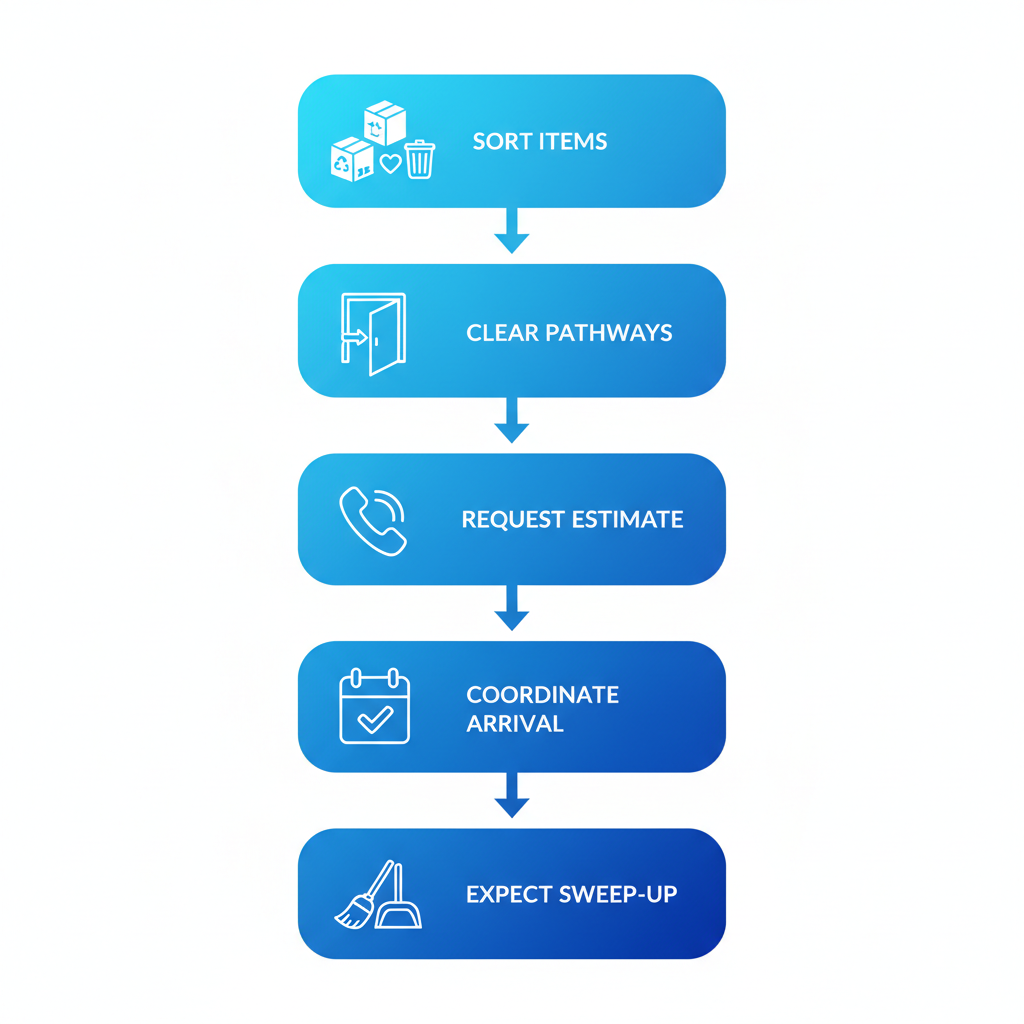 Vertical process flow diagram showing five preparation steps for a Queens garage cleanout with icons and minimal labels.