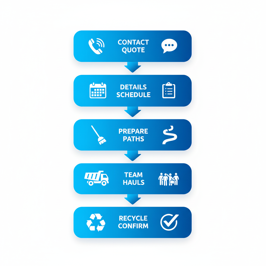 Vertical process flow diagram outlining five steps for NYC construction debris removal by Cleanout Express