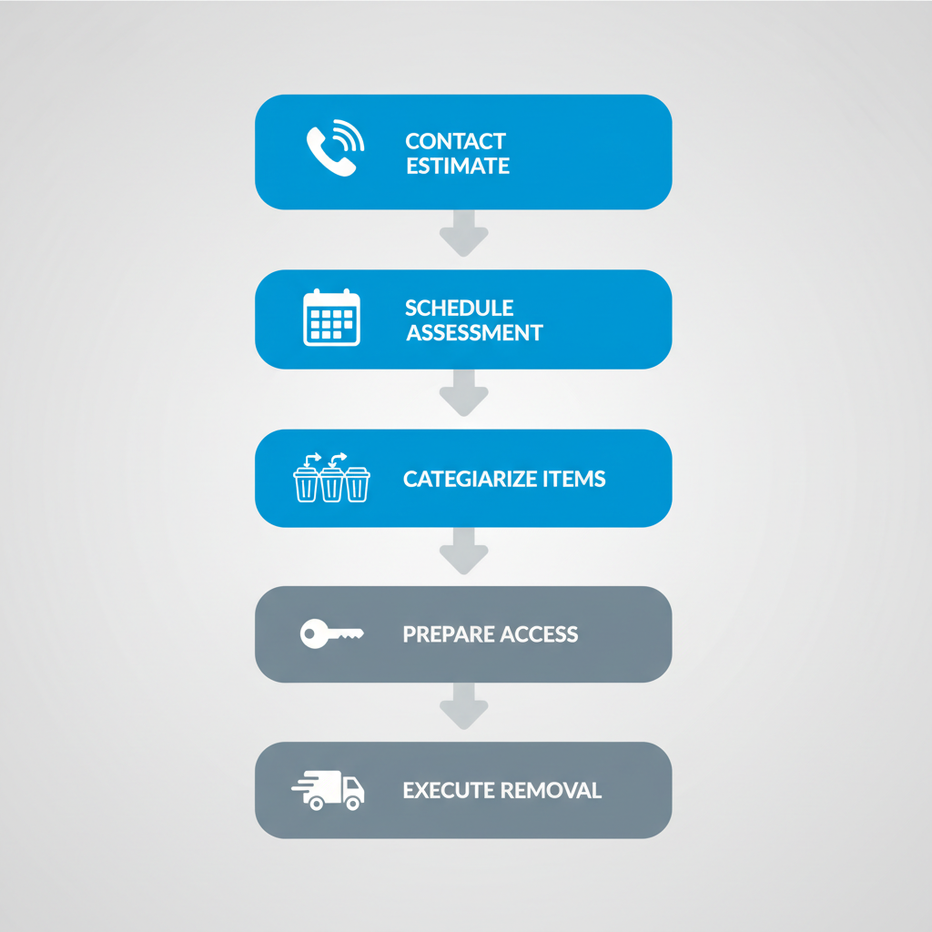 Vertical process flow diagram illustrating five steps for starting an NYC office cleanout, including contact, scheduling, categorization, preparation, and execution with relevant icons.
