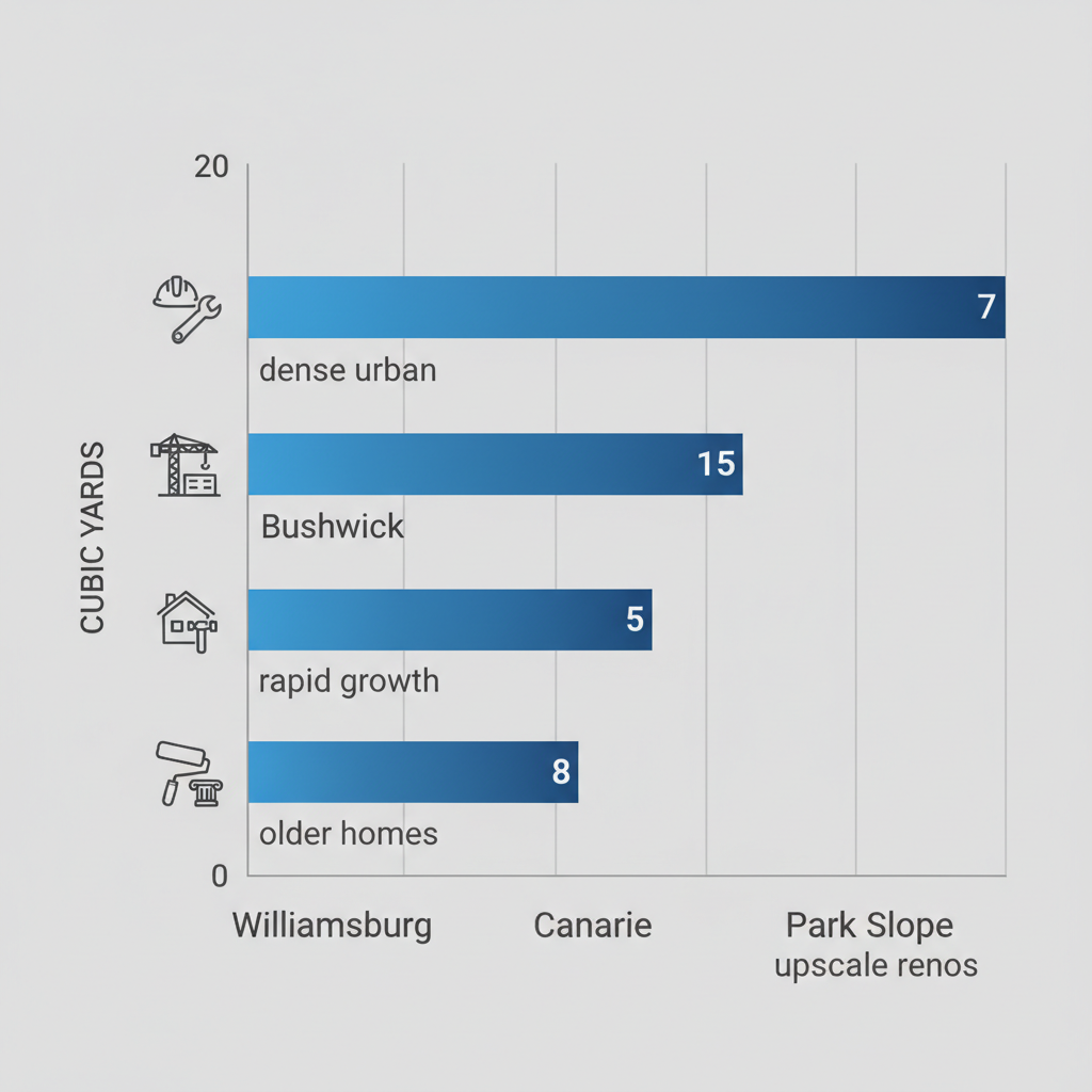 Horizontal bar chart showing average construction debris volumes in four Brooklyn neighborhoods: Williamsburg, Bushwick, Canarsie, and Park Slope.