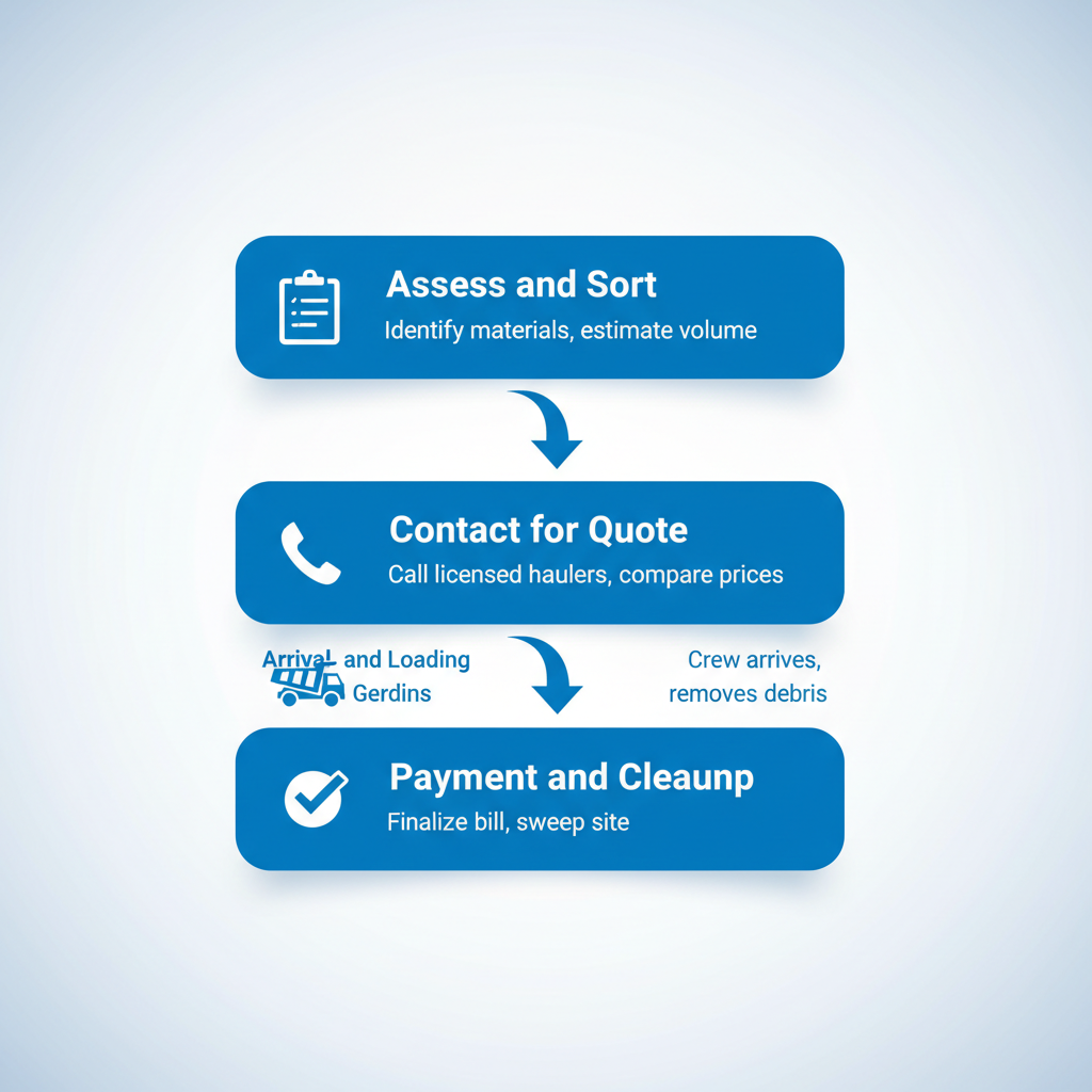 Vertical process flow diagram showing four steps for scheduling construction debris removal in Brooklyn: assess and sort, contact for quote, arrival and loading, payment and cleanup.
