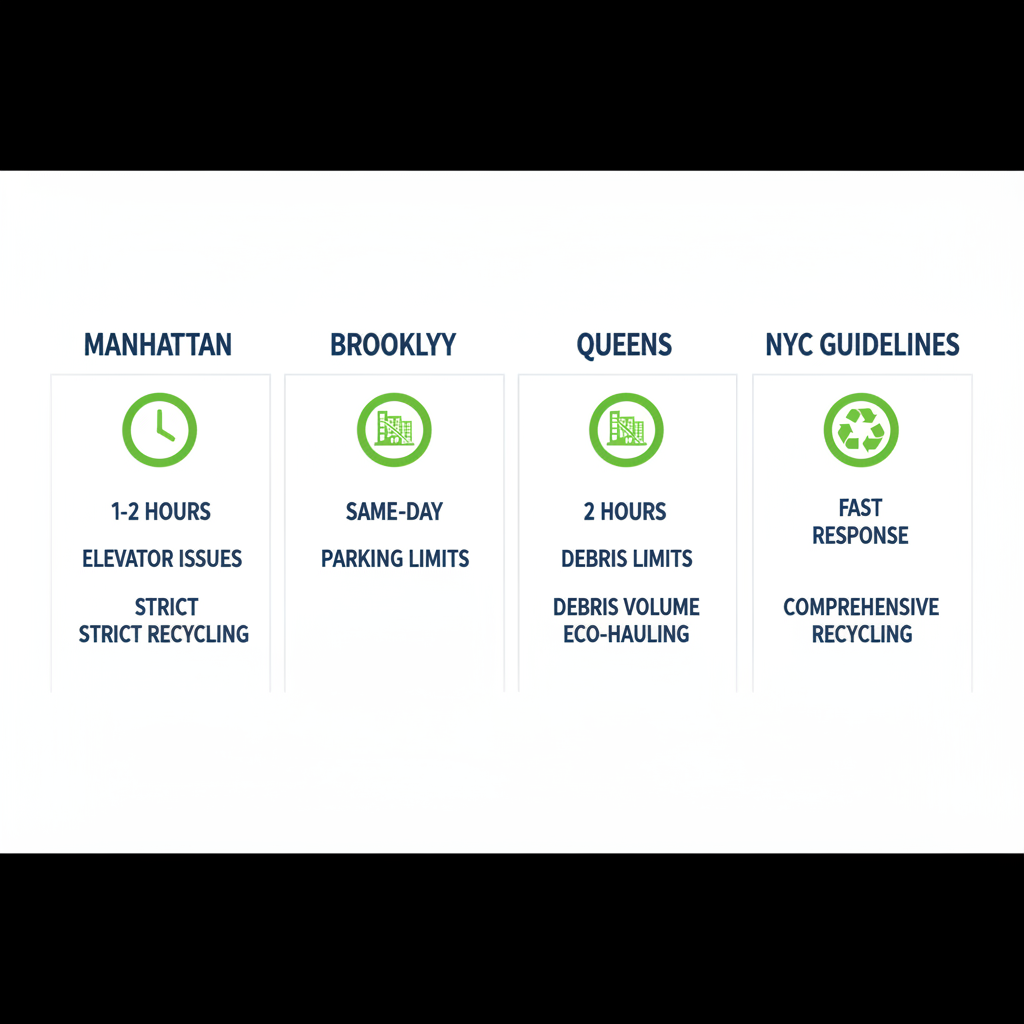 Infographic comparing commercial cleanout services in Manhattan, Brooklyn, Queens, and general NYC, highlighting response times, challenges, and disposal methods.