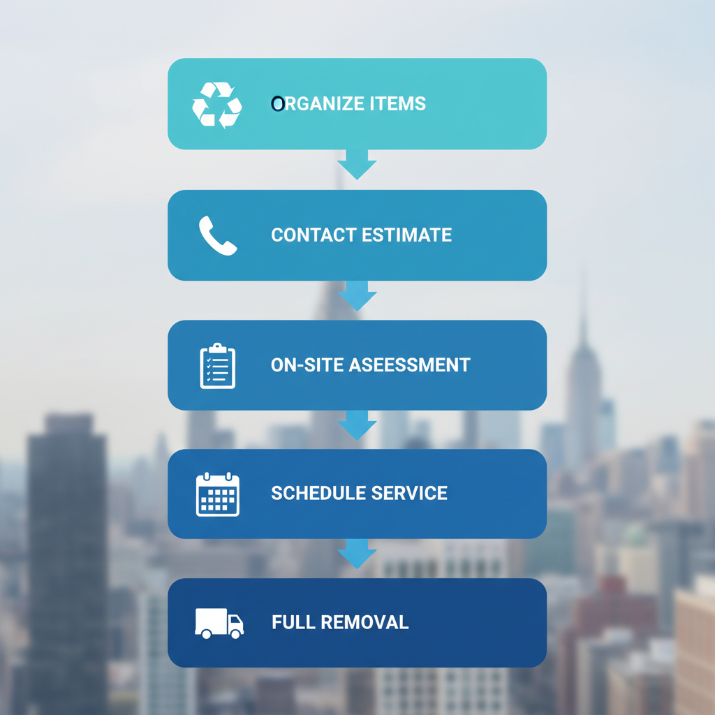 Vertical process flow diagram illustrating the five steps for preparing and scheduling a commercial cleanout service in NYC, featuring icons for organization, contact, assessment, scheduling, and removal.