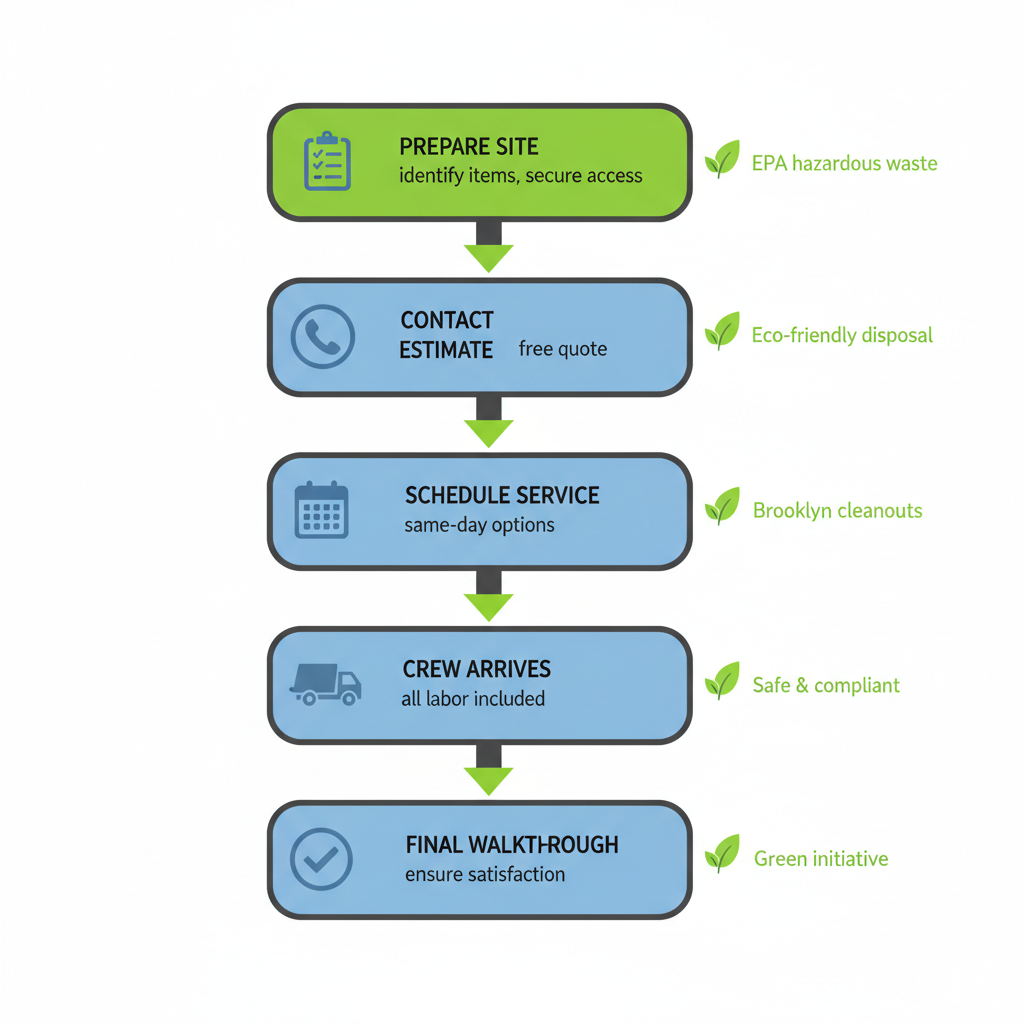 Vertical process flow diagram illustrating five steps for starting a foreclosure cleanout in Brooklyn: prepare site, contact for estimate, schedule service, crew arrives and removes items, final walkthrough.