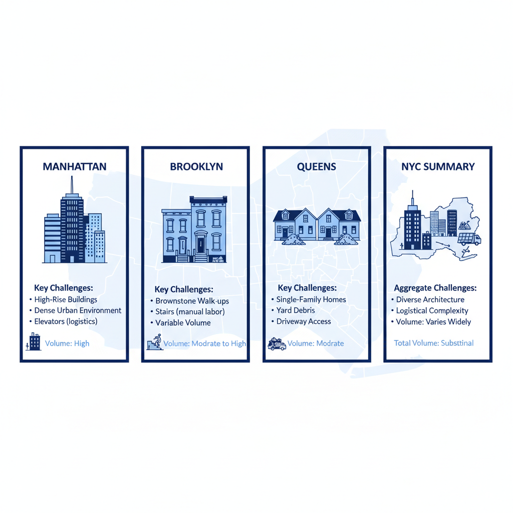 Infographic comparing cleanout challenges in Manhattan, Brooklyn, Queens, and NYC summary with icons for property types, challenges, volumes, and accessibility.