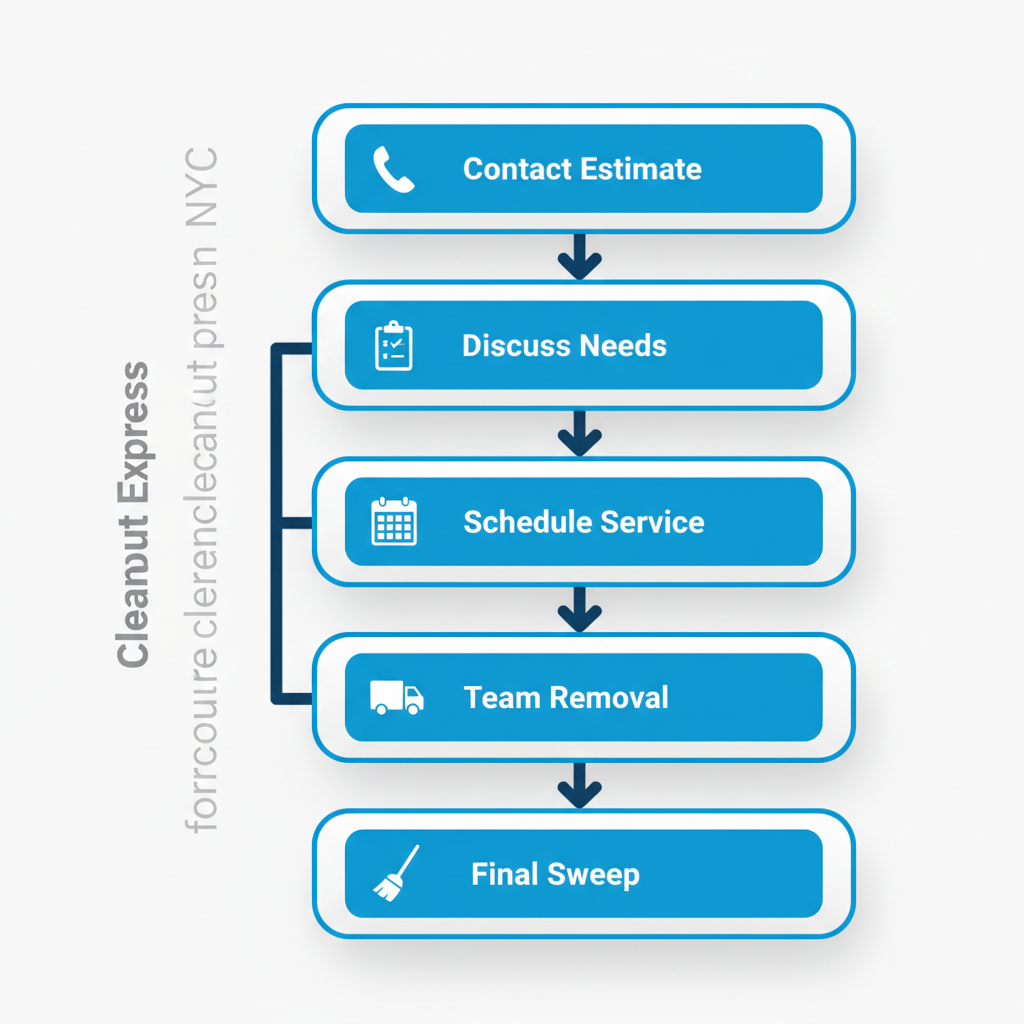 Vertical process flow diagram illustrating five steps to initiate a foreclosure cleanout: contact for estimate, discuss scope, schedule service, team handles removal, final sweep and recycling.