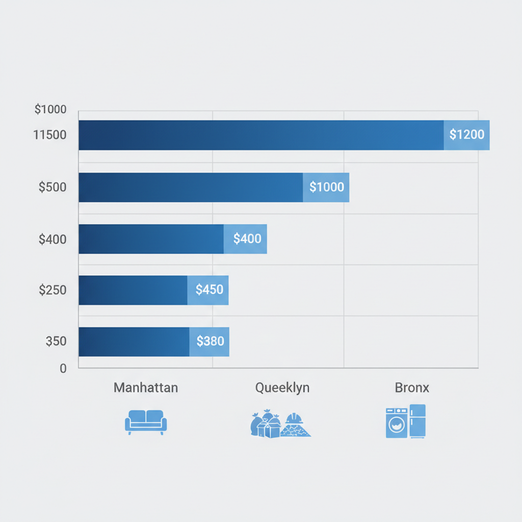 Bar chart comparing average junk removal costs in NYC boroughs: Manhattan $500-$1,200, Brooklyn $400-$900, Queens $450-$1,000, Bronx $350-$800, with icons for junk types.