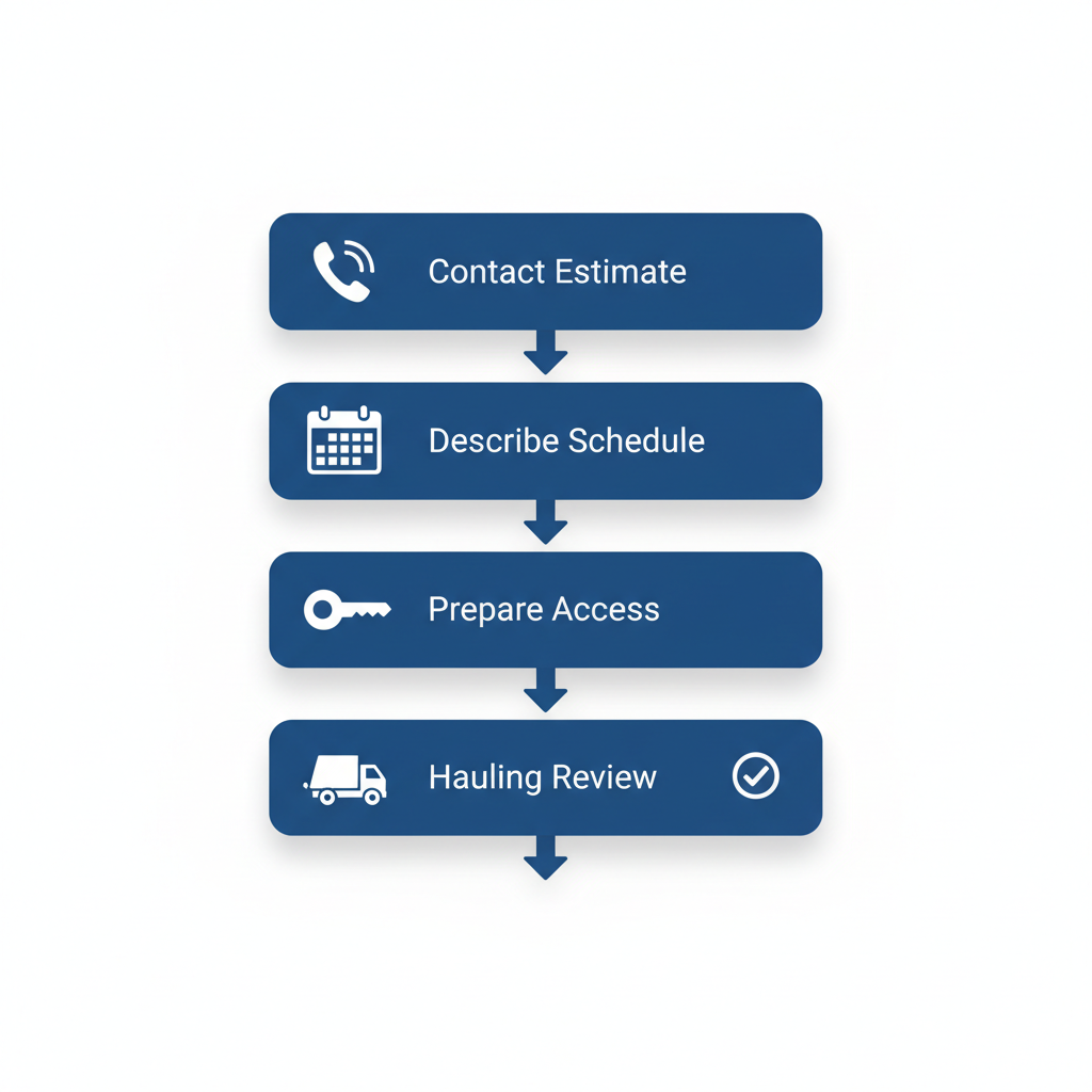 Vertical process flow diagram illustrating five key steps for arranging professional junk removal services with icons and arrows.