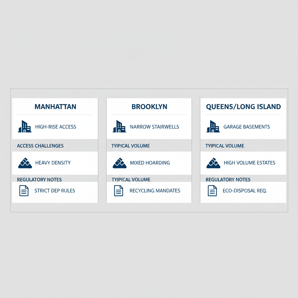 Infographic showing comparison of estate cleanout challenges in Manhattan, Brooklyn, and Queens/Long Island areas including access, volume, and regulations with icons.
