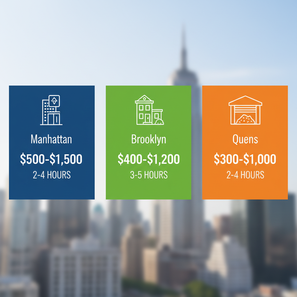 Infographic comparing cleanout challenges, costs, and timeframes across Manhattan, Brooklyn, and Queens in NYC.
