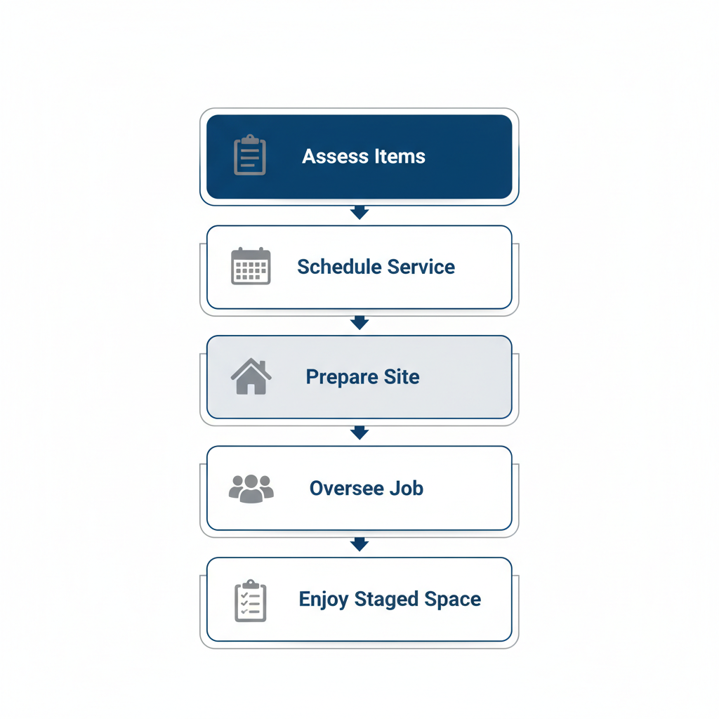 Vertical diagram showing five steps for starting pre-listing cleanouts: assess items, schedule service, prepare site, oversee job, and enjoy staged space.