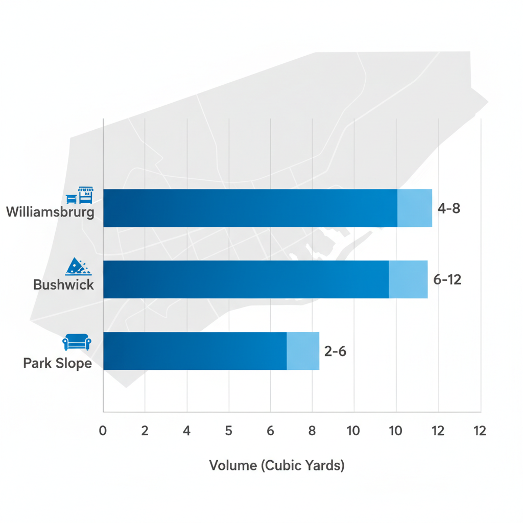 Bar chart comparing retail junk removal volumes in Brooklyn neighborhoods: Williamsburg 4-8 cubic yards, Bushwick 6-12 cubic yards, Park Slope 2-6 cubic yards, with icons for waste types and subtle Brooklyn map background.