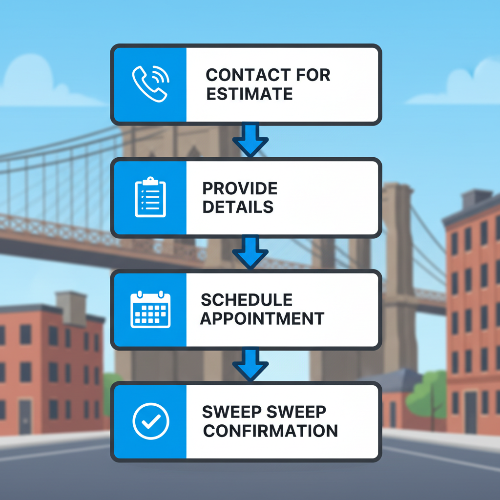 Vertical process flow diagram showing five steps for retail junk removal service in Brooklyn, New York: contact, details, schedule, removal, and confirmation.