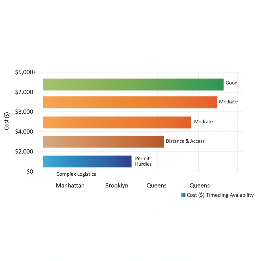 Horizontal bar chart comparing store closing cleanout costs, timelines, recycling, and challenges in Manhattan, Brooklyn, and Queens NYC areas.