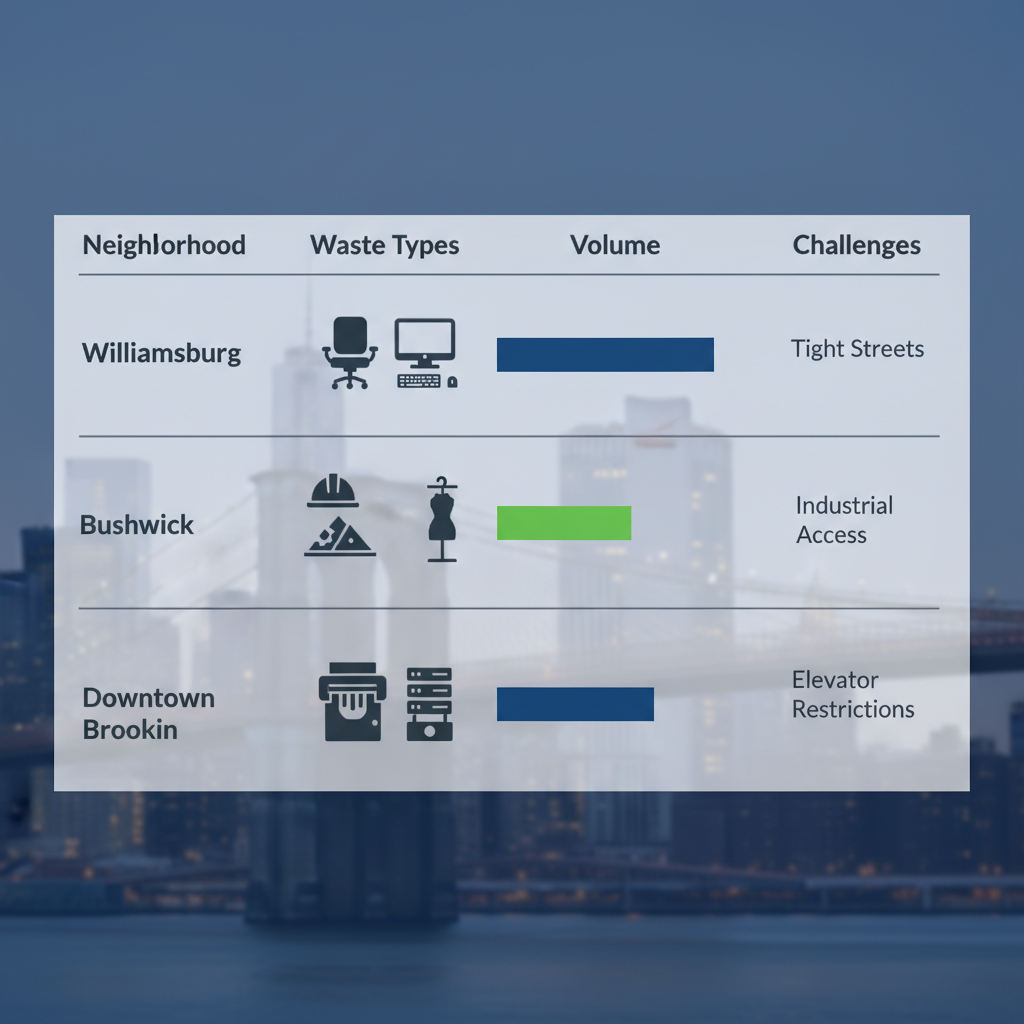 Infographic table comparing commercial waste types, volumes, and challenges in Brooklyn neighborhoods like Williamsburg, Bushwick, and Downtown Brooklyn.