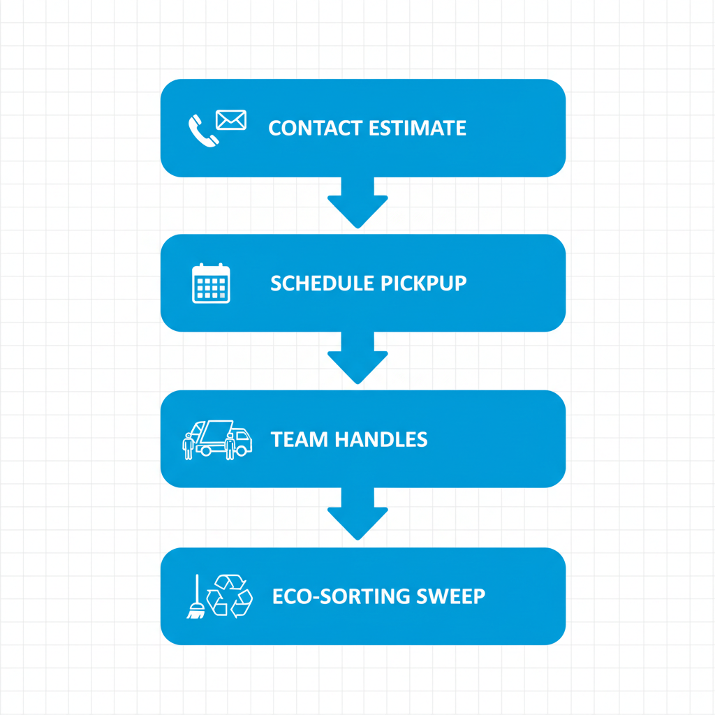 Vertical process flow diagram showing four steps for arranging commercial junk removal in Brooklyn with icons and labels