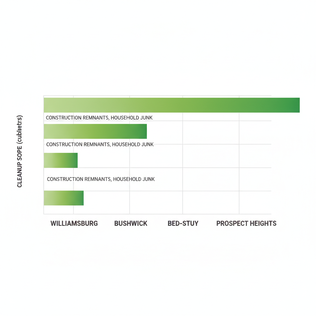 Horizontal bar chart comparing vacant lot cleanup needs in four Brooklyn neighborhoods: Williamsburg, Bushwick, Bed-Stuy, and Prospect Heights, with bars showing debris volume in gradient green.