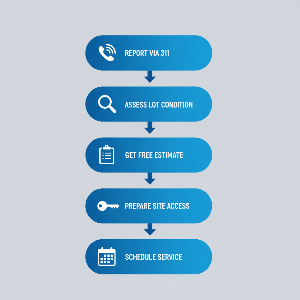 Vertical process flow diagram illustrating five steps to start vacant lot cleanup in Brooklyn with icons and labels.