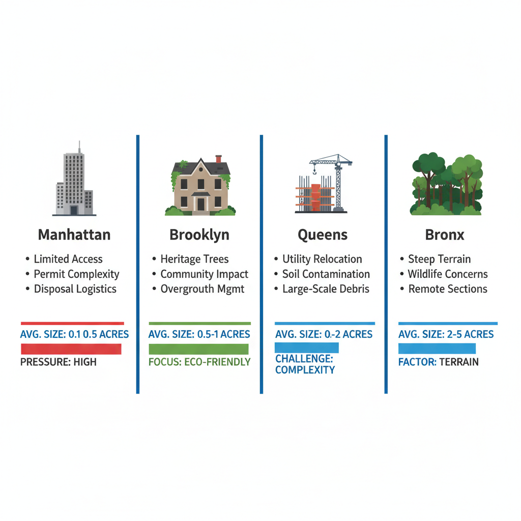 Infographic comparing lot clearing challenges in Manhattan, Brooklyn, Queens, and Bronx with icons, bullet points, and color-coded bars.