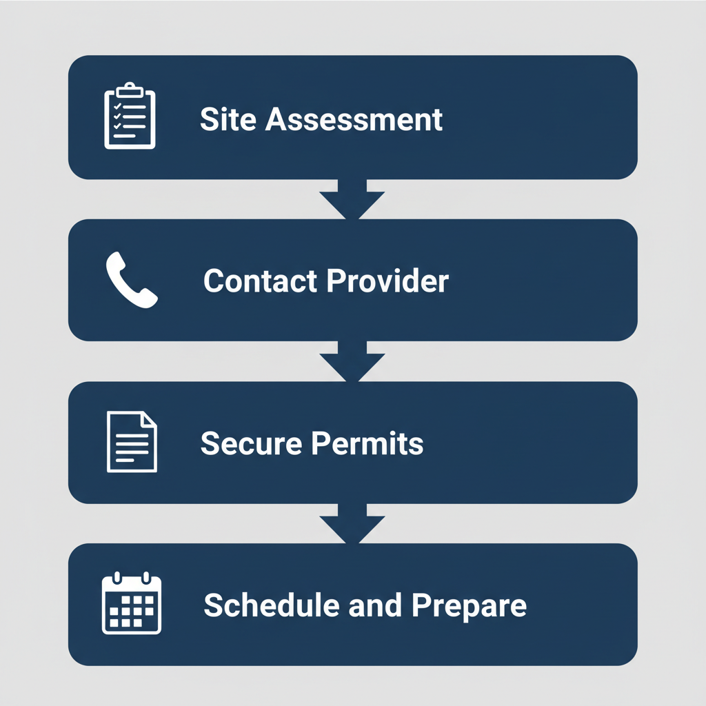 Vertical process flow diagram illustrating four steps for starting a lot clearing project in New York City, including site assessment, contacting provider, securing permits, and scheduling preparation.