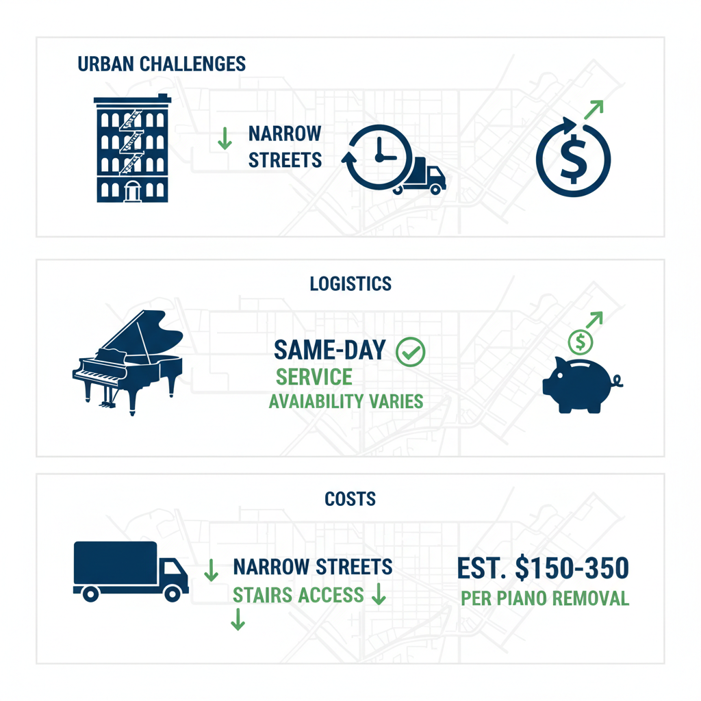 Infographic showing piano removal challenges and costs in Brooklyn neighborhoods like Williamsburg, Park Slope, and Bushwick