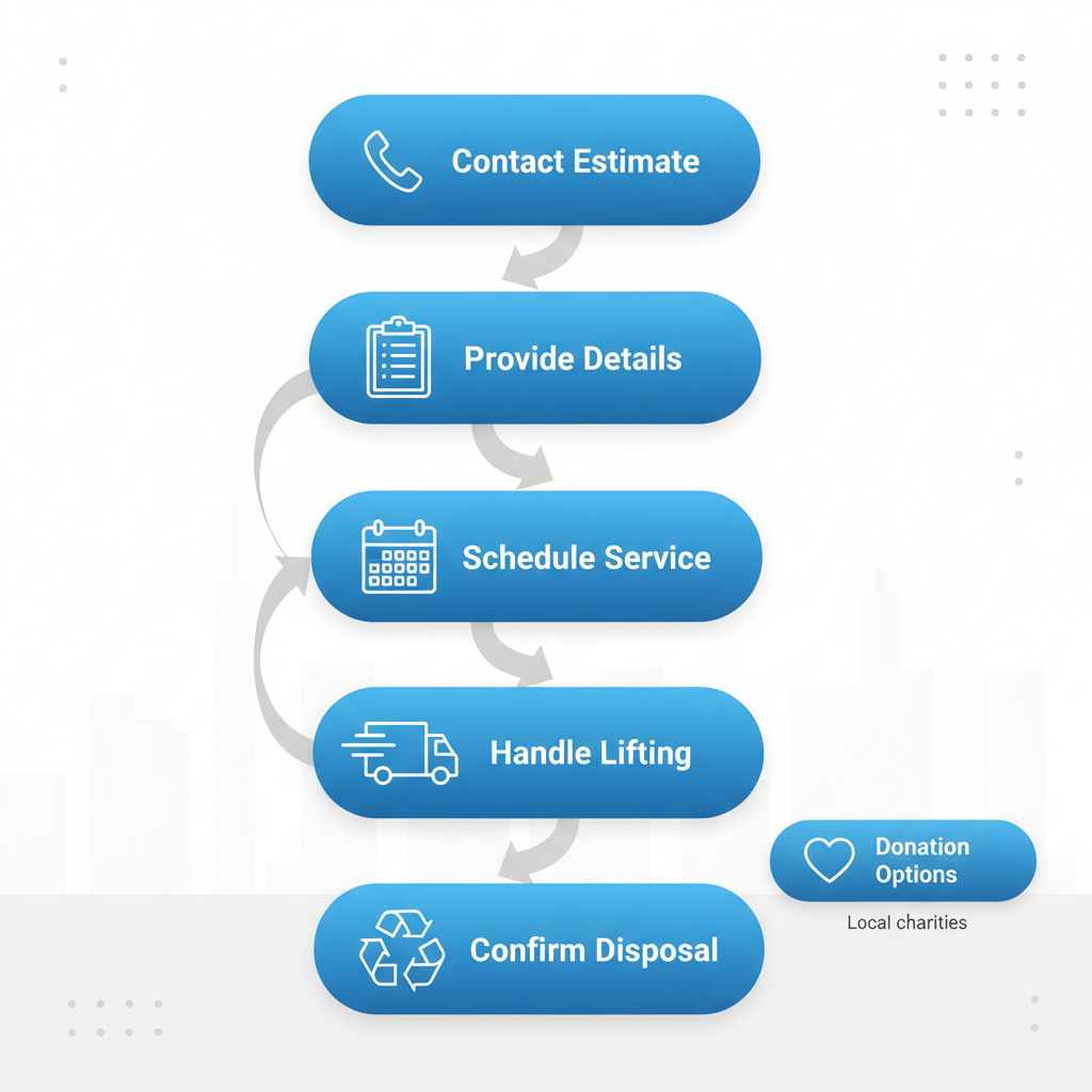 Vertical process flow diagram showing five steps for arranging piano removal in Brooklyn, including contact, details, scheduling, lifting, and eco-disposal with icons.