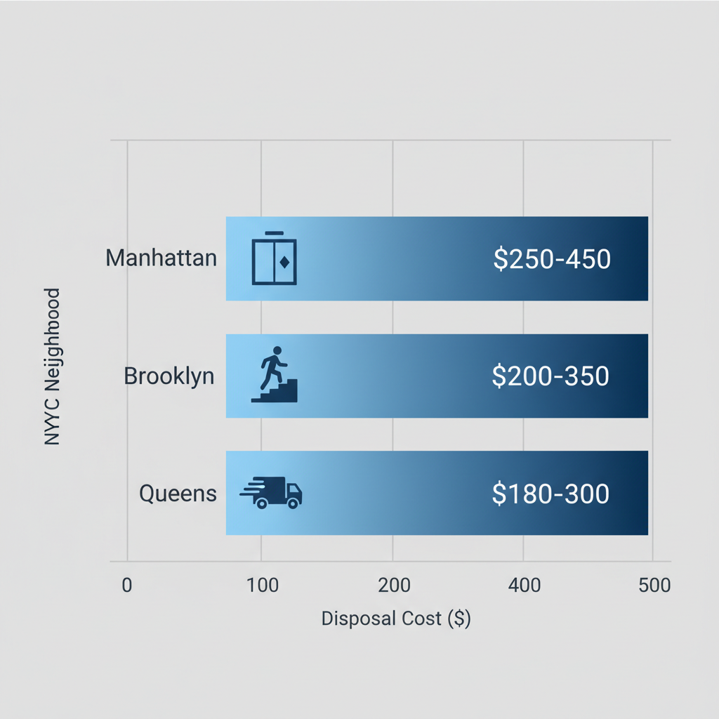 Horizontal bar chart comparing piano disposal costs in Manhattan, Brooklyn, and Queens neighborhoods with accessibility challenge icons.