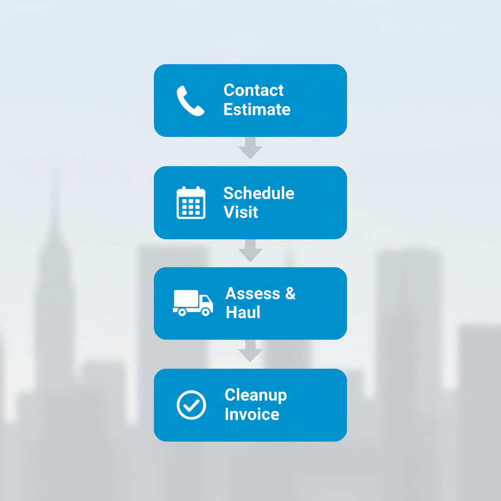 Vertical process flow diagram showing four steps for arranging piano hauling in New York City with icons and labels.