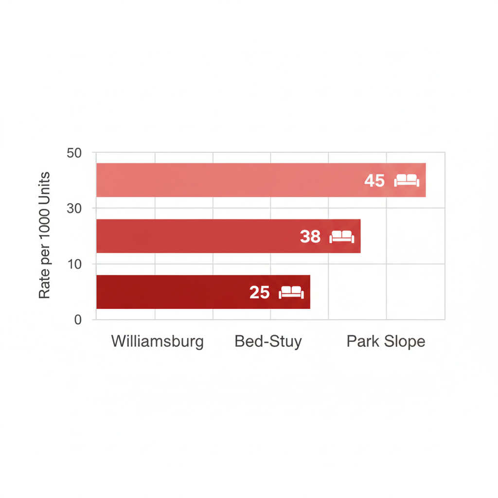Horizontal bar chart comparing bed bug infestation rates per 1000 units in Williamsburg (45), Bed-Stuy (38), and Park Slope (25) with furniture icons and grid lines.
