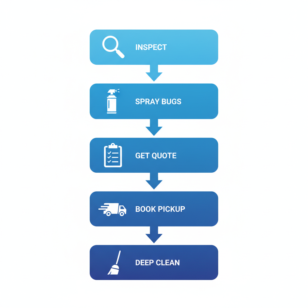 Vertical process flow diagram illustrating five steps for bed bug furniture removal: inspect for infestation with magnifying glass, contact exterminator with bug spray, request estimate with clipboard, schedule pickup with truck, and post-removal cleaning with broom.