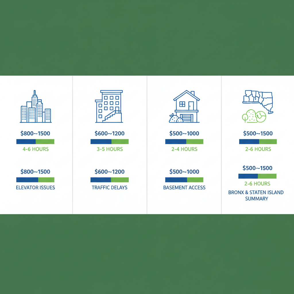 Infographic comparing cleanout challenges and costs across NYC boroughs with icons and color-coded bars.