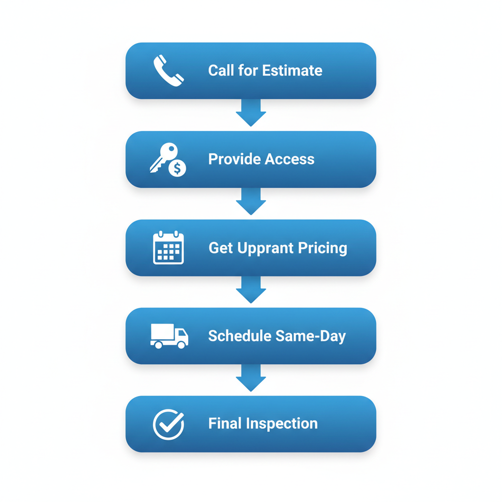 Vertical process flow diagram showing six steps to schedule a tenant cleanout in NYC, with icons for each stage.