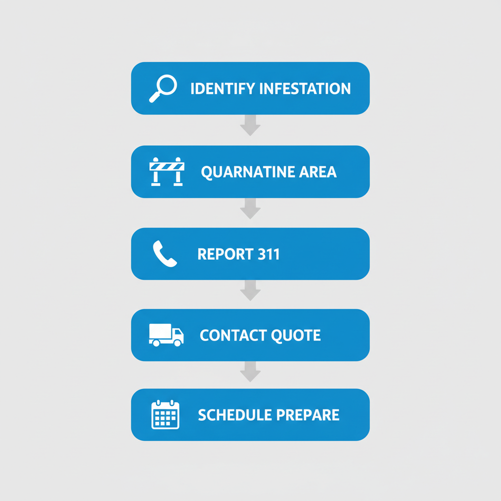 Vertical process flow diagram illustrating five steps for initiating bedbug mattress removal in NYC