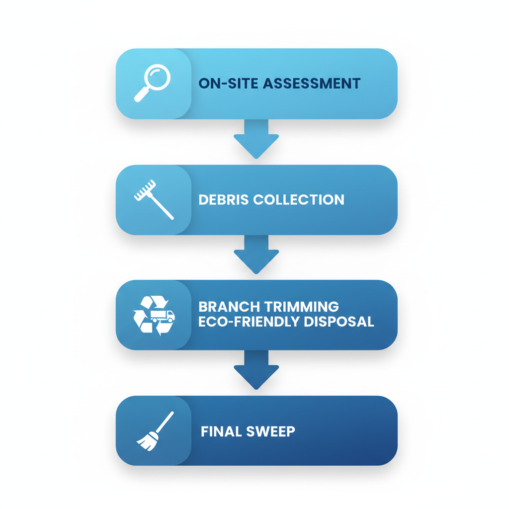 Vertical process flow diagram showing five steps of yard cleanup services in Brooklyn with icons and minimal labels.