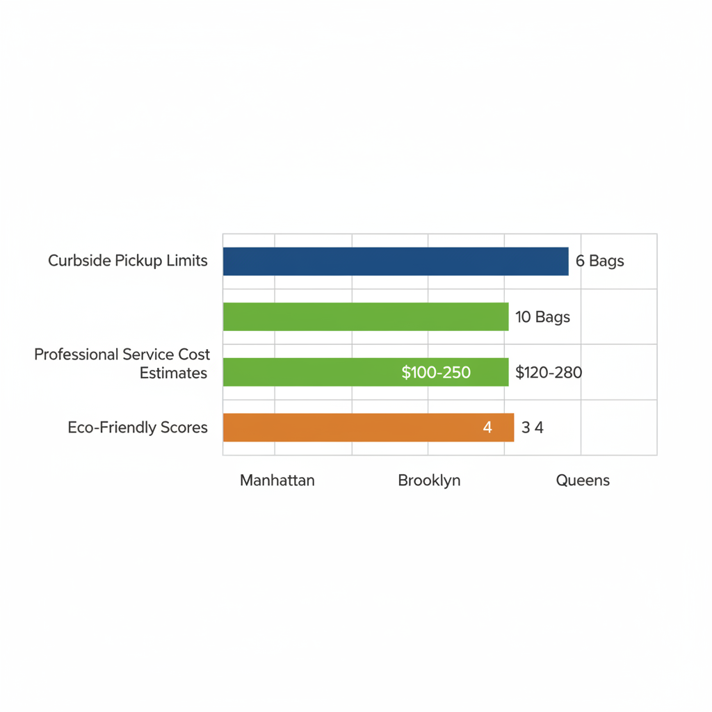 Bar chart comparing curbside pickup limits, professional service costs, and eco-friendly scores for yard waste disposal in Manhattan, Brooklyn, and Queens NYC areas.