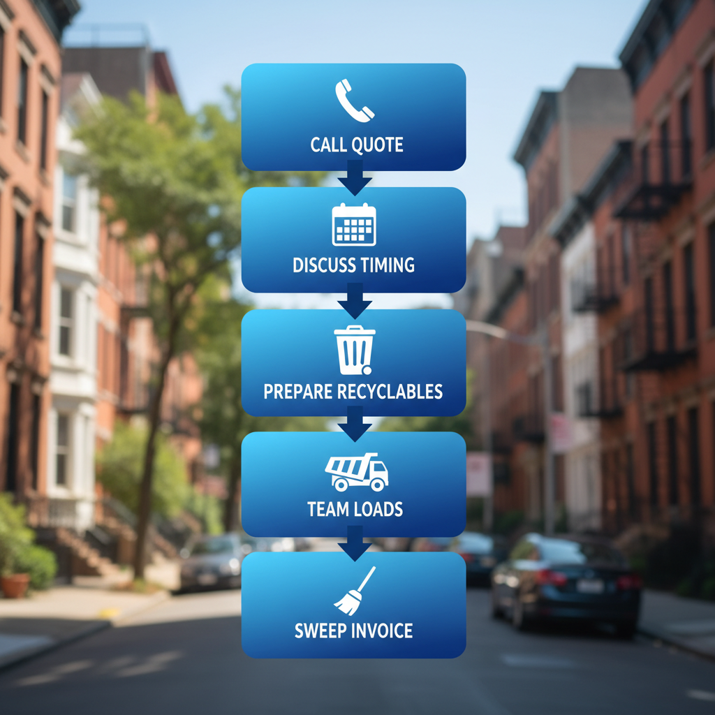 Vertical process flow diagram illustrating five steps for arranging yard waste removal in New York City